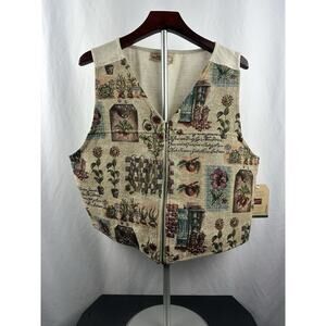 WOOLRICH Womens Cottagecore Gardening Vest X-LARGE Zip Up Front Flowers Fruit